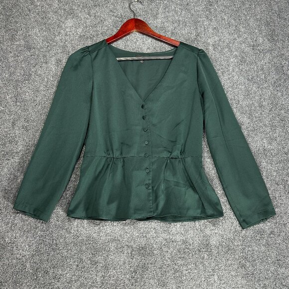 J Crew Top Womens 6 Long Sleeve Peplum Hem Green Satin Crepe K2682 V Neck Blouse - Picture 1 of 9